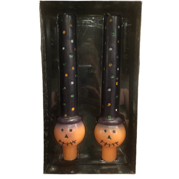 NIB Set‎ of 2 Vintage Halloween Pumpkin Jack O Lantern Taper Candles Polka Dots - Picture 4 of 5